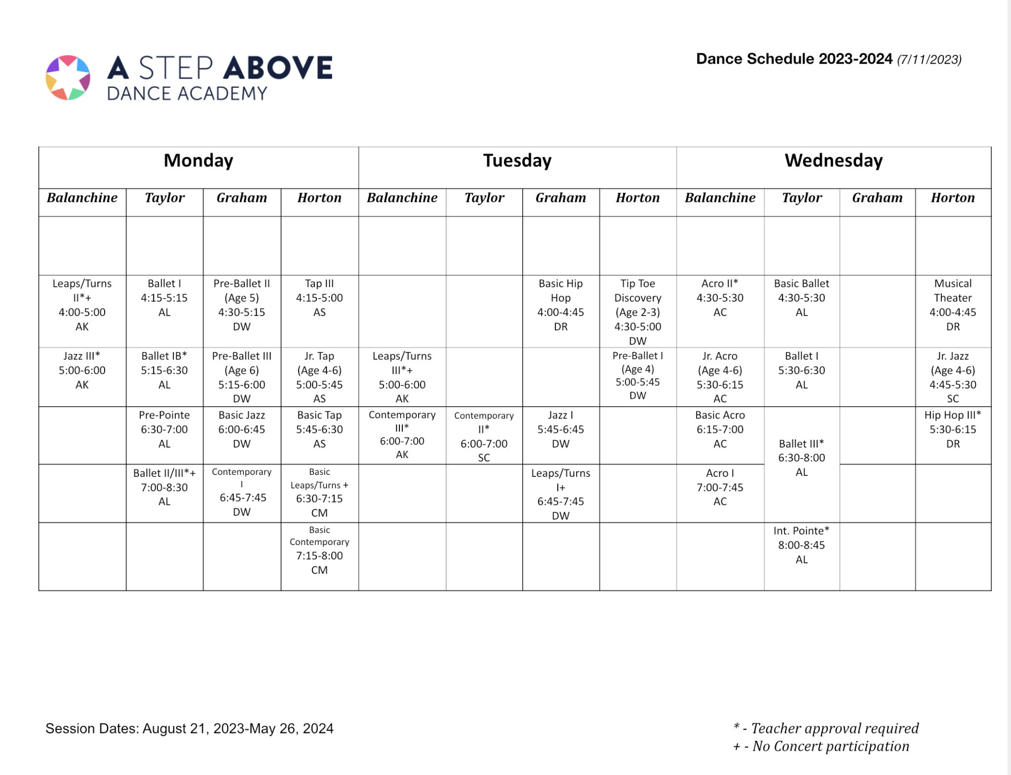 Schedule & Events A Step Above Dance Academy